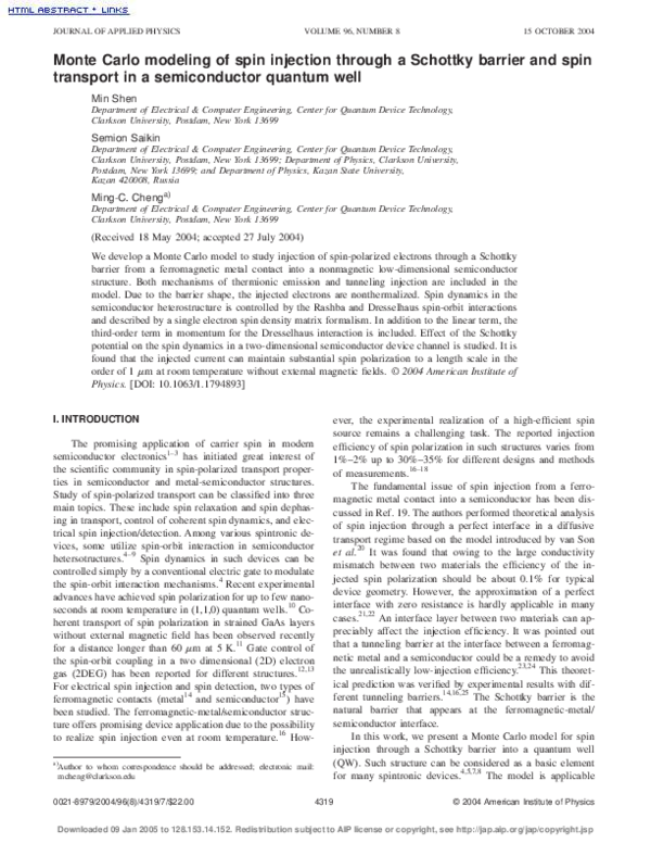 (PDF) Monte Carlo modeling of spin injection through a Schottky barrier ...