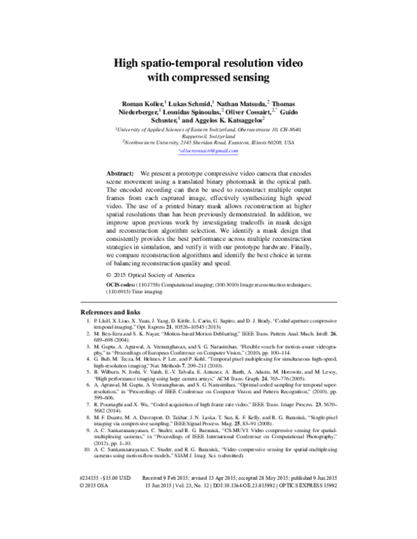(PDF) High spatio-temporal resolution video with compressed sensing