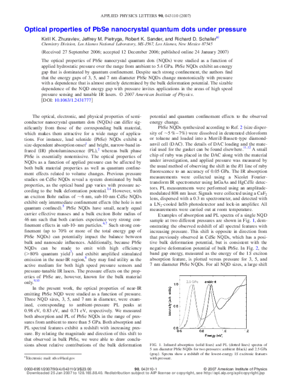 (PDF) Optical properties of PbSe nanocrystal quantum dots under pressure