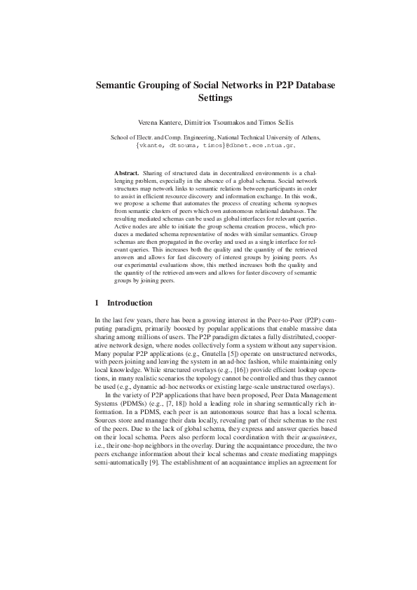 (PDF) Semantic Grouping of Social Networks in P2P Database Settings