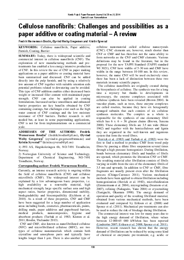 (PDF) Cellulose nanofibrils: Challenges and possibilities as a paper ...