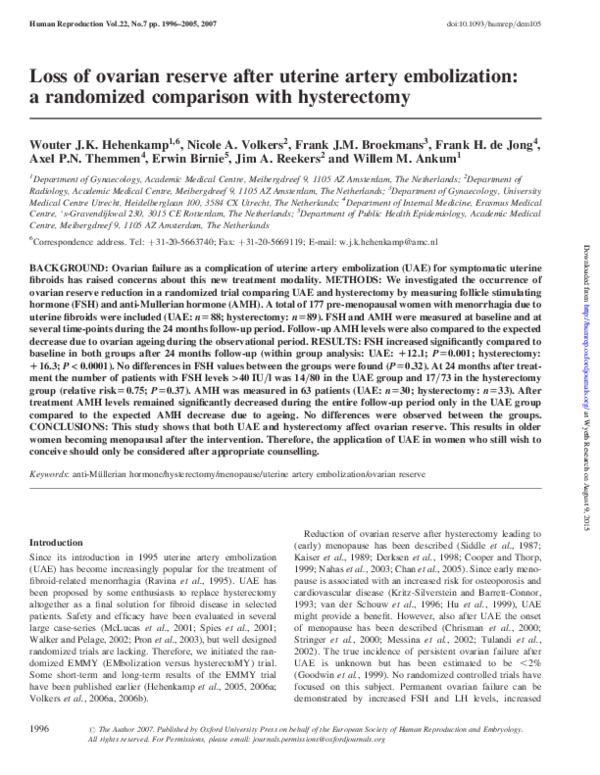 (PDF) Loss of ovarian reserve after uterine artery embolization: a ...