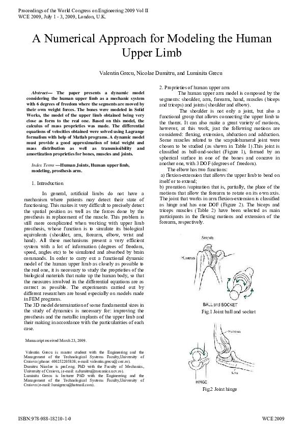 (PDF) A Numerical Approach for Modeling the Human Upper Limb