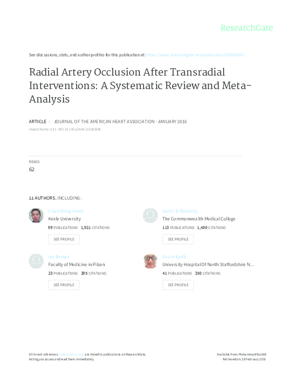 (PDF) Radial Artery Occlusion After Transradial Interventions: A ...