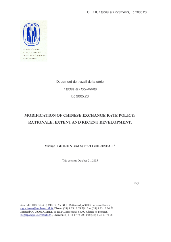 (PDF) Mofication of Chinese Exchange rate policy: Rationale, extent and ...