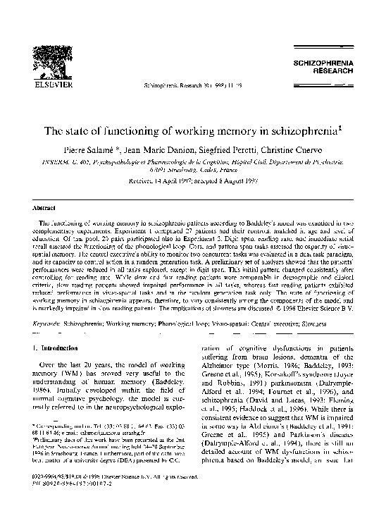 (PDF) The state of functioning of working memory in schizophrenia