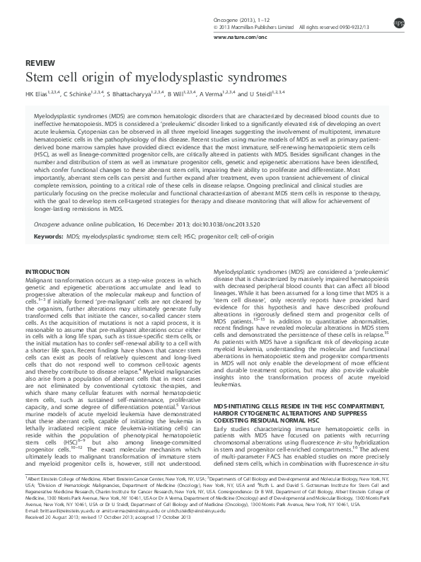 (PDF) Stem cell origin of myelodysplastic syndromes