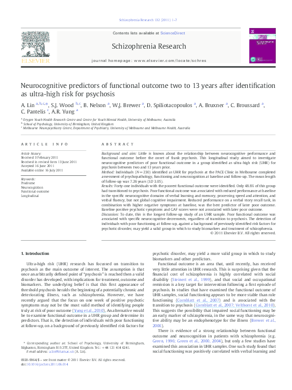 (PDF) Neurocognitive predictors of functional outcome two to 13years ...