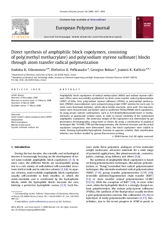 (PDF) Direct synthesis of amphiphilic block copolymers, consisting of ...