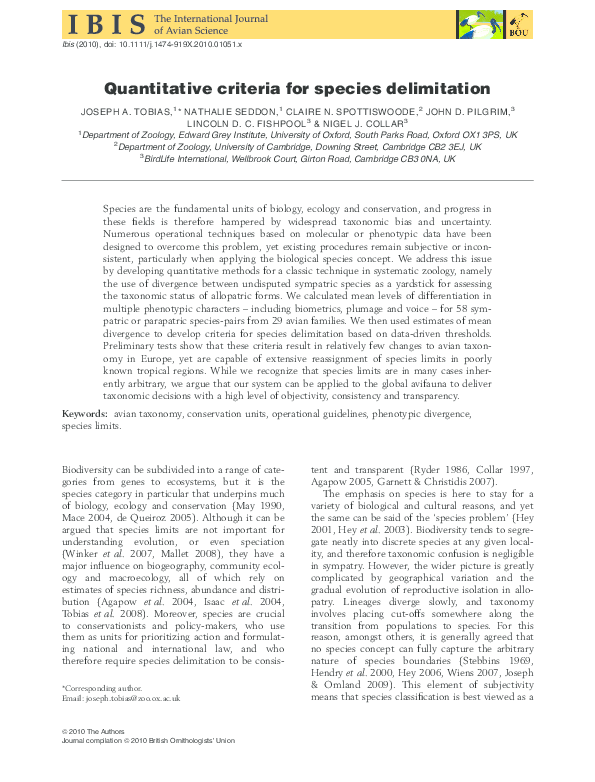 (PDF) Quantitative criteria for species delimitation Lincoln Fishpool