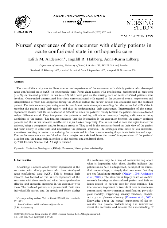 (PDF) Nurses' experiences of the encounter with elderly patients in ...