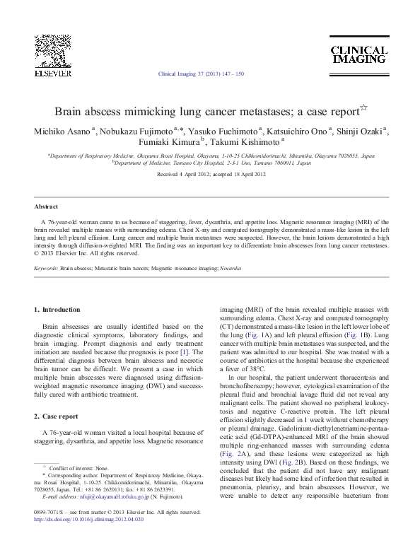 (PDF) Brain abscess mimicking lung cancer metastases; a case report