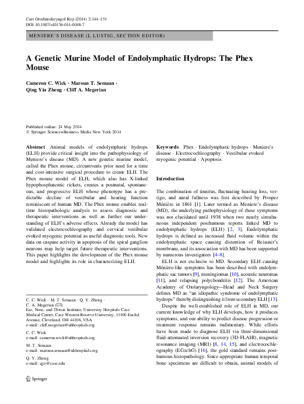 (PDF) A Genetic Murine Model of Endolymphatic Hydrops: The Phex Mouse