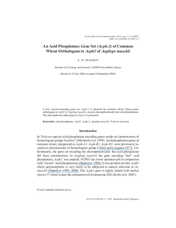 (PDF) An acid phosphatase gene set ( Acph-2 ) of common wheat ...