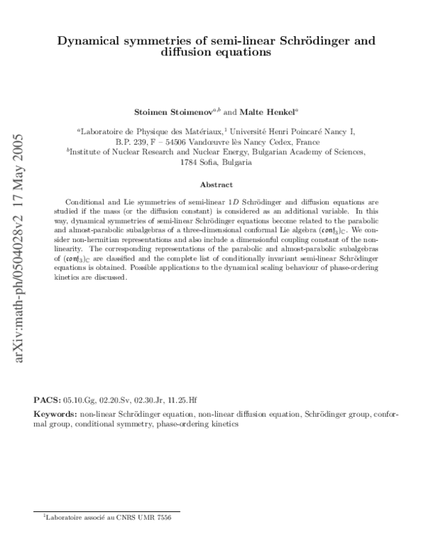 (PDF) Dynamical symmetries of semi-linear Schr dinger and diffusion ...