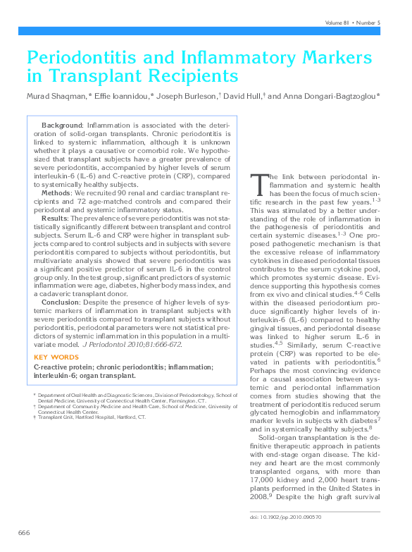 (PDF) Periodontitis and Inflammatory Markers in Transplant Recipients