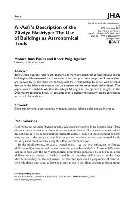 Al-Asf ī’s Description of the Zāwiya Nasiriyya: The Use of Buildings as Astronomical Tools