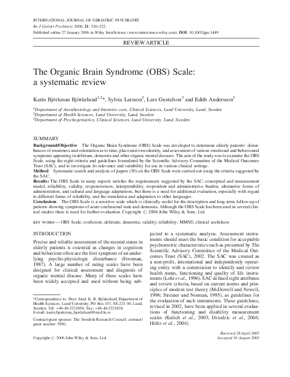 (PDF) The Organic Brain Syndrome (OBS) scale: a systematic review