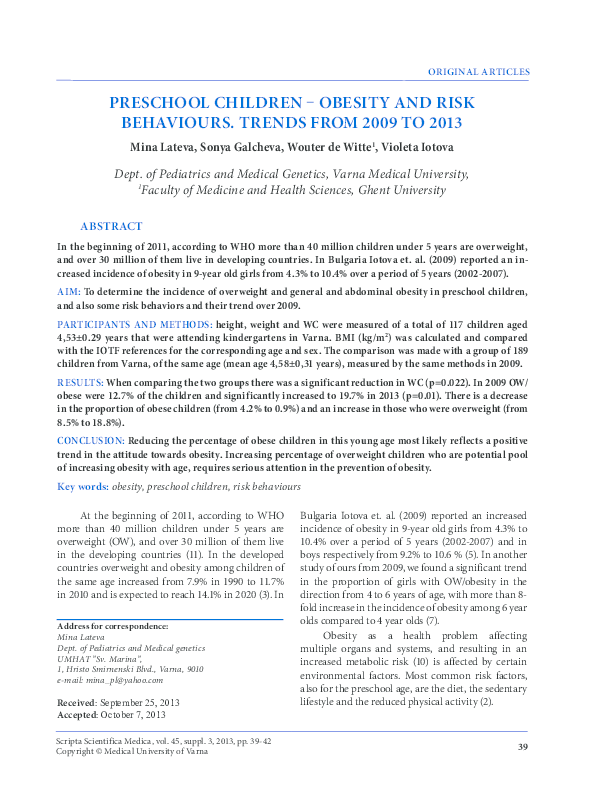 (PDF) Preschool children – obesity and risk behaviours. Trends from ...