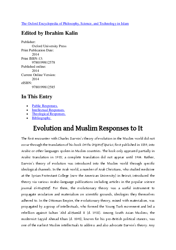 "Muslim Responses to the Evolution Theory", The [Oxford] Encyclopedia of Philosophy, Science
