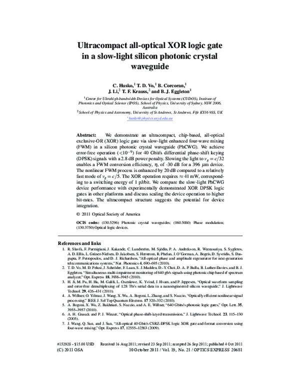 (PDF) Ultracompact all-optical XOR logic gate in a slow-light silicon ...