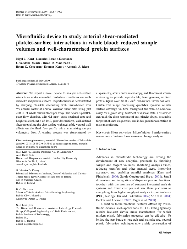 (PDF) Microfluidic device to study arterial shear-mediated platelet ...