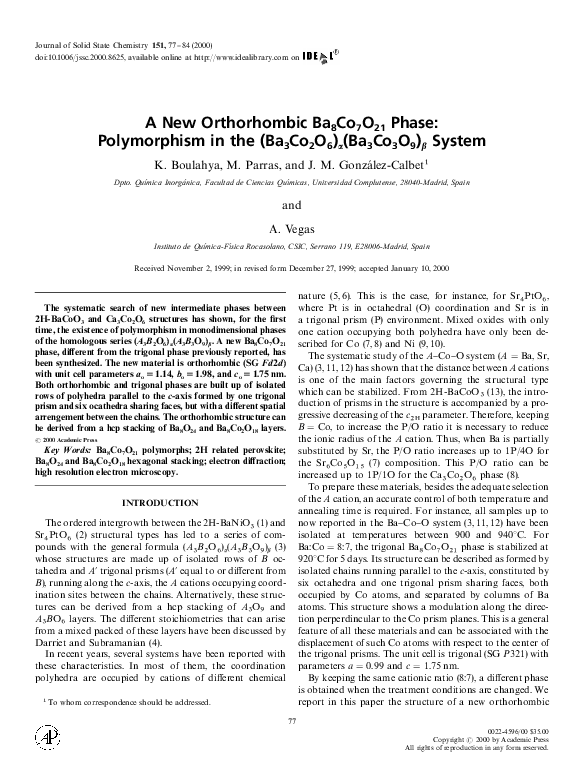 (PDF) A New Orthorhombic Ba8Co7O21 Phase: Polymorphism in the (Ba3Co2O6 ...