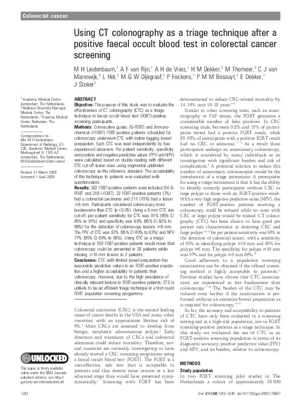 (PDF) Using CT colonography as a triage technique after a positive faecal occult blood test in