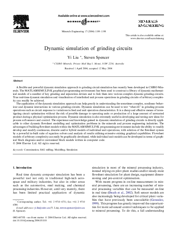 (PDF) Dynamic simulation of grinding circuits