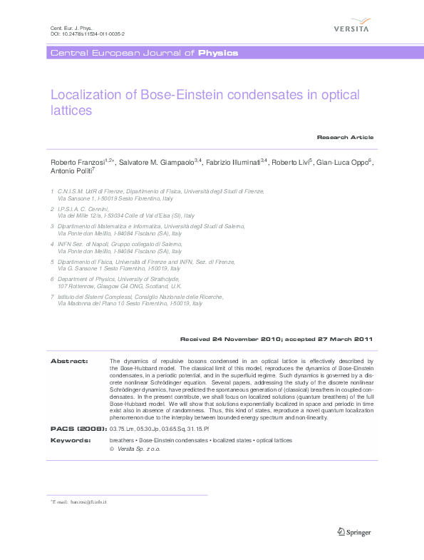 (PDF) Localization of Bose-Einstein condensates in optical lattices