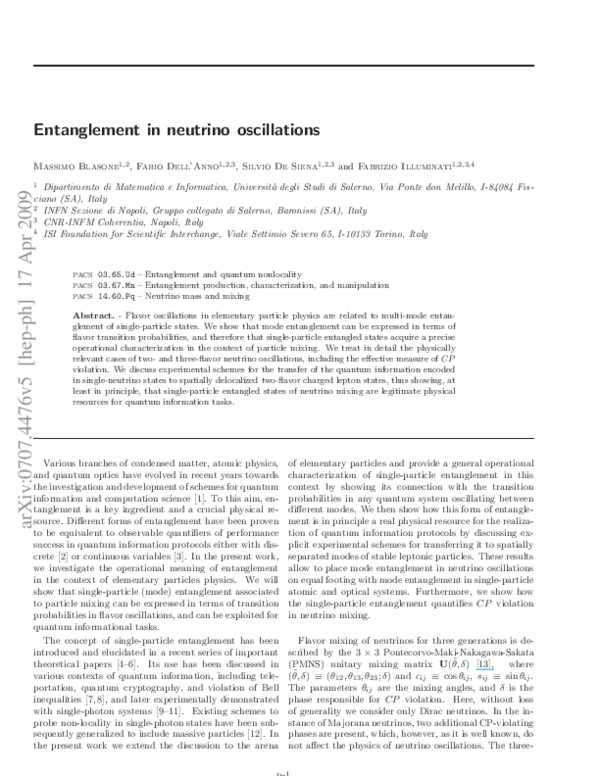 (PDF) Entanglement in neutrino oscillations