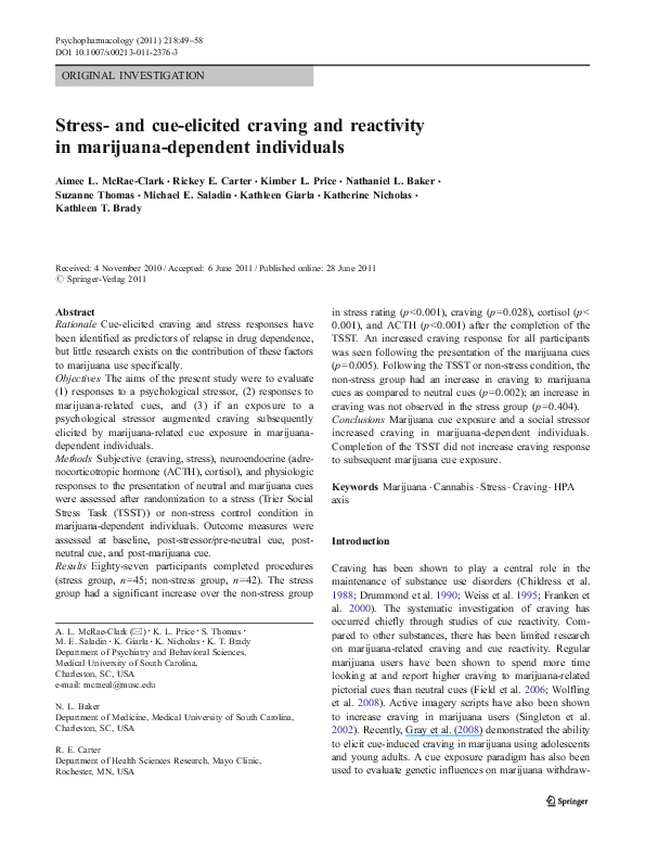 (PDF) Stress- and cue-elicited craving and reactivity in marijuana ...