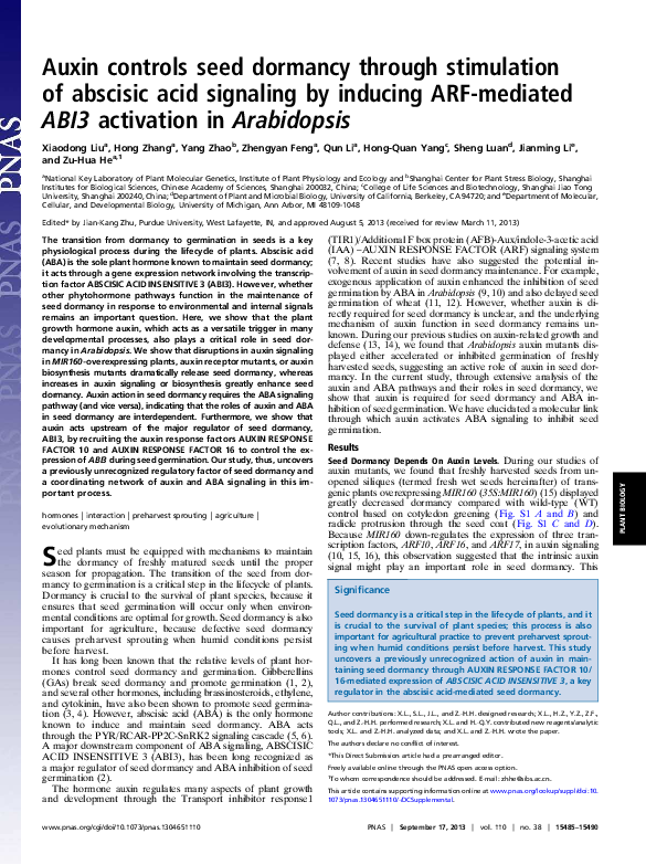 (PDF) Auxin controls seed dormancy through stimulation of abscisic acid ...