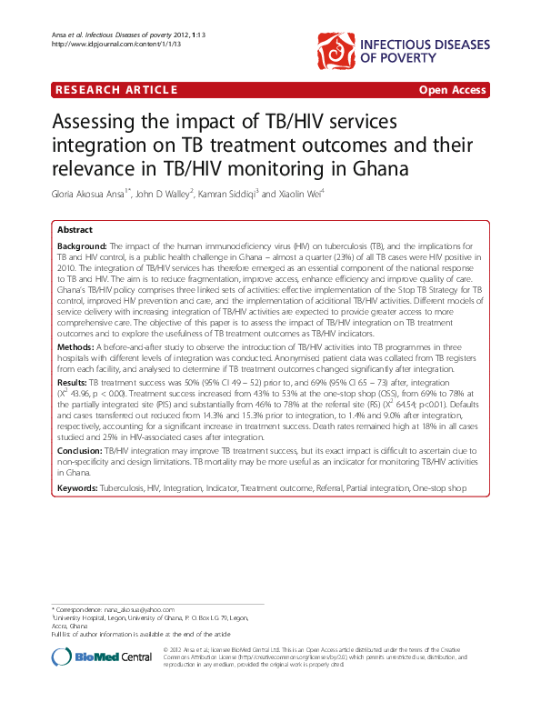 (PDF) Assessing the impact of TB/HIV services integration on TB ...
