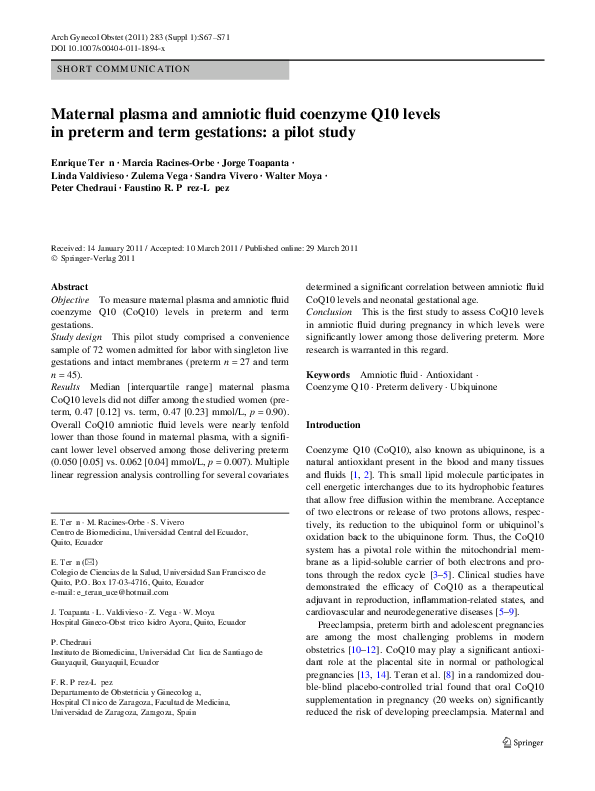 (PDF) Maternal plasma and amniotic fluid coenzyme Q10 levels in preterm ...