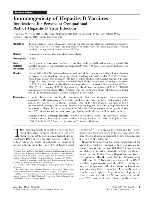 (PDF) Immunogenicity of Hepatitis B vaccines