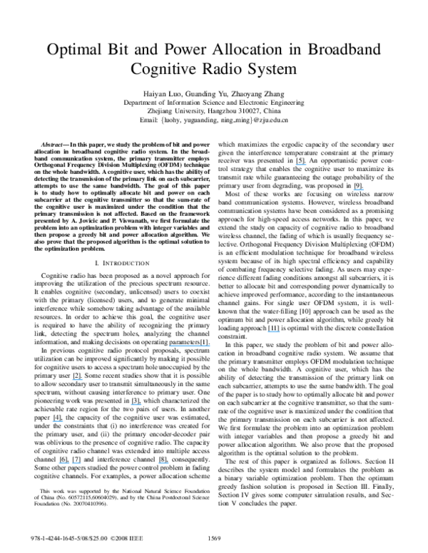 (PDF) Optimal Bit and Power Allocation in Broadband Cognitive Radio System