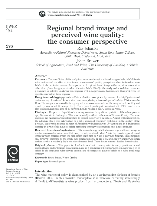 (PDF) Regional brand image and perceived wine quality: the consumer ...