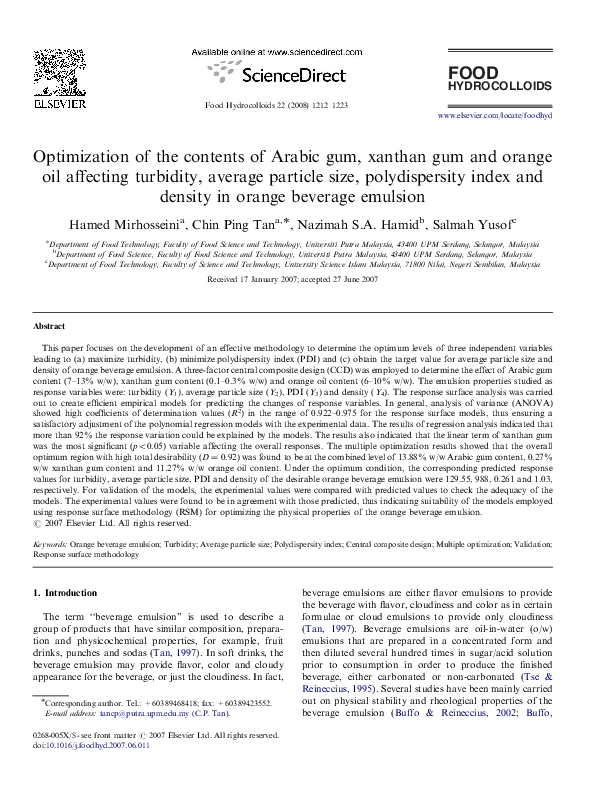 (PDF) Optimization of the contents of Arabic gum, xanthan gum and