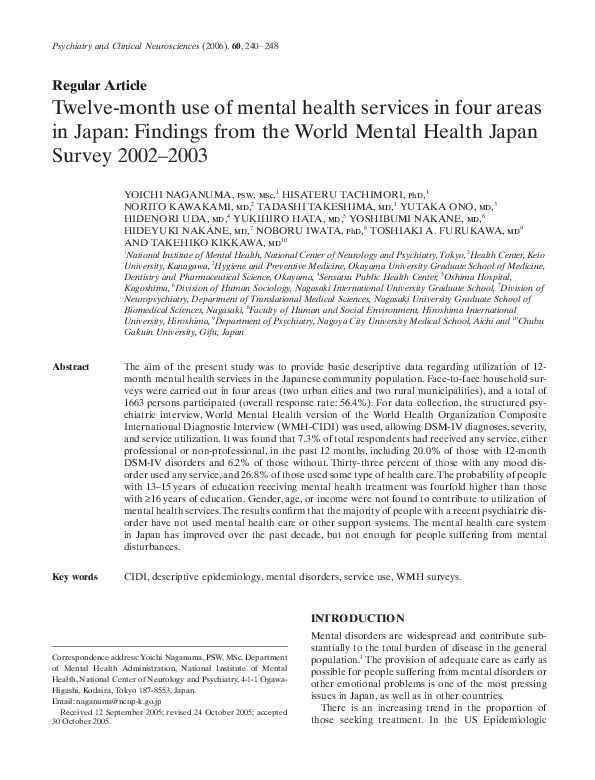 (PDF) Twelve-month use of mental health services in four areas in Japan ...