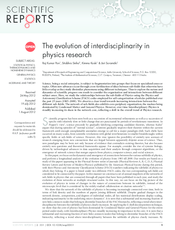 (PDF) The evolution of interdisciplinarity in physics research