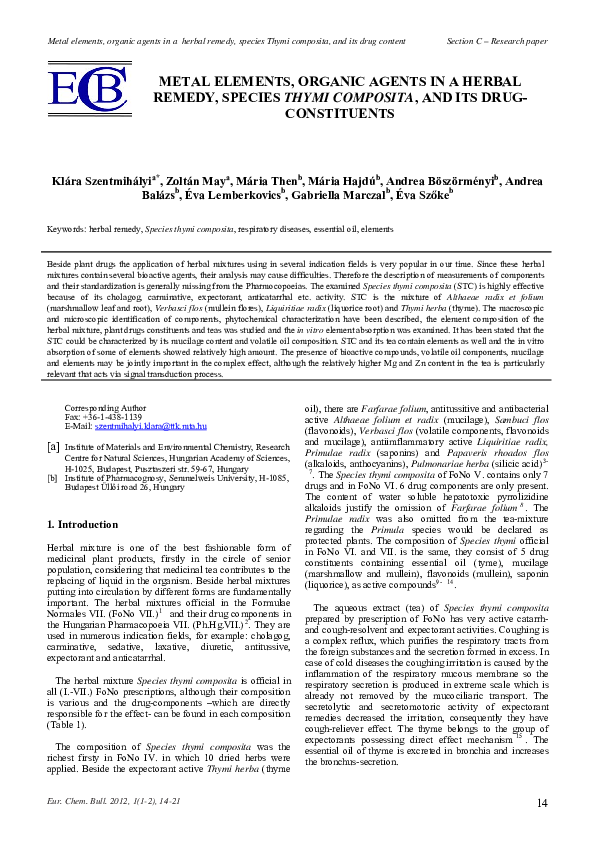 (PDF) METAL ELEMENTS, ORGANIC AGENTS IN A HERBAL REMEDY, SPECIES THYMI
