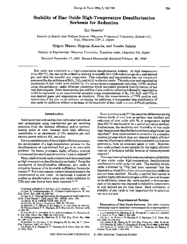 (PDF) Stability of Zinc Oxide High-Temperature Desulfurization Sorbents ...
