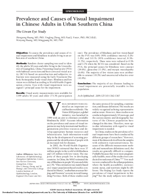 (PDF) Prevalence and Causes of Visual Impairment in Chinese Adults in ...