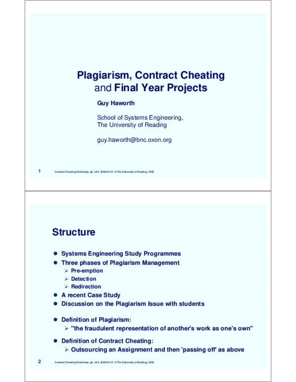 (PDF) Plagiarism, contract cheating and final year projects