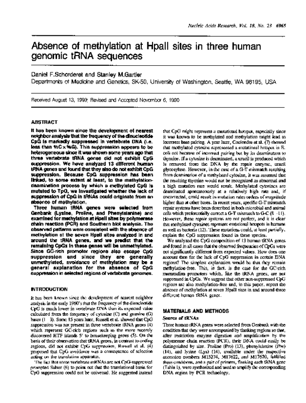(PDF) Absence of methylation at HpaII sites in three human genomic tRNA ...