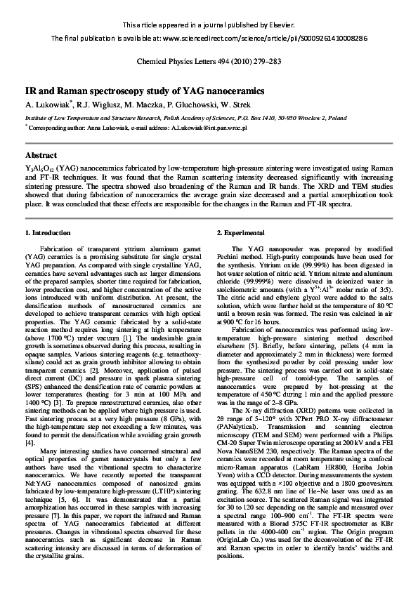 (PDF) IR and Raman spectroscopy study of YAG nanoceramics