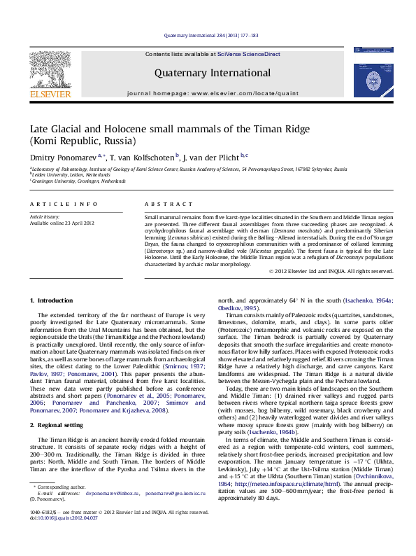 (PDF) Late Glacial and Holocene small mammals of the Timan Ridge (Komi ...