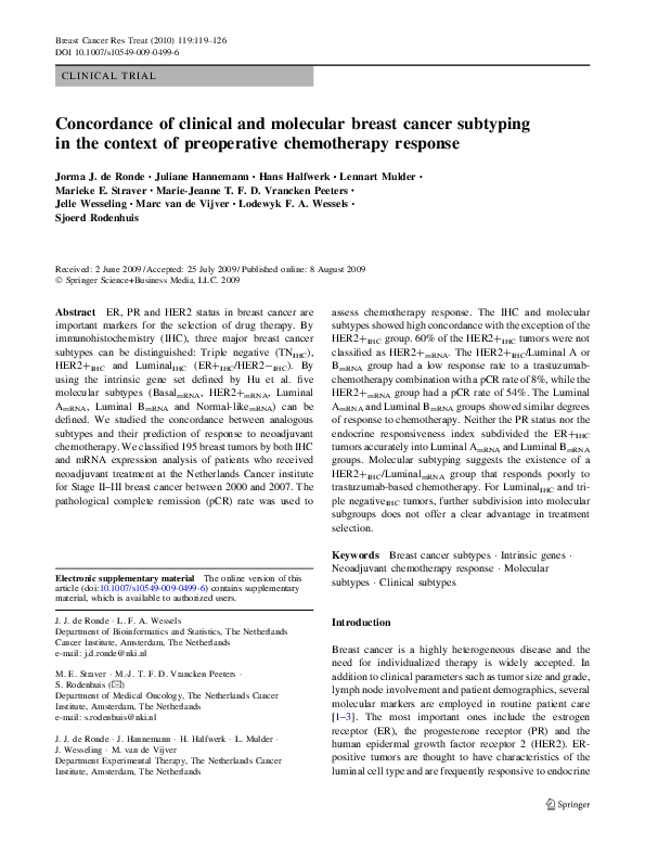 (PDF) Concordance of clinical and molecular breast cancer subtyping in ...
