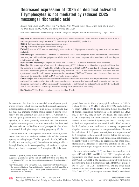(PDF) Decreased expression of CD25 on decidual activated T lymphocytes ...